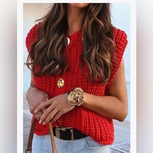 NEW Red Sleeveless Cropped Cardigan Chunky Knit Sweater Vest w/ Pockets L